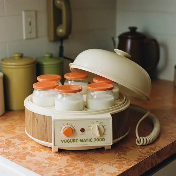 Photo of a classic 1970s electric yogurt maker with small glass jars on a kitchen counter.