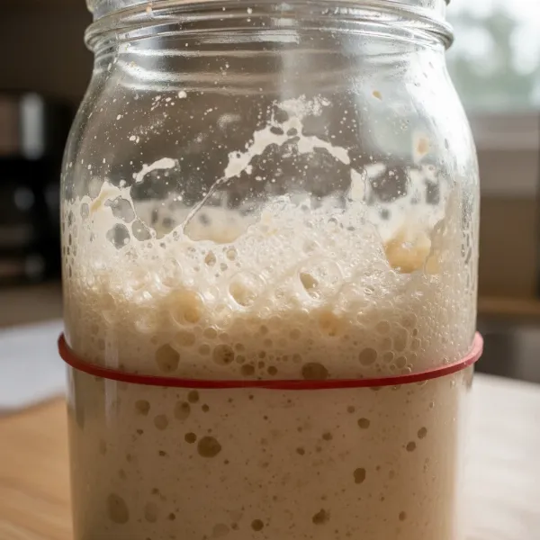 Close-up of a bubbly, risen sourdough starter in a glass jar, demonstrating readiness for baking.