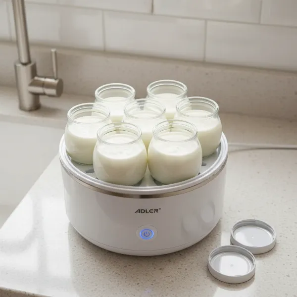 Adler yogurt maker with seven glass jars ready for homemade yogurt, ideal for family use.