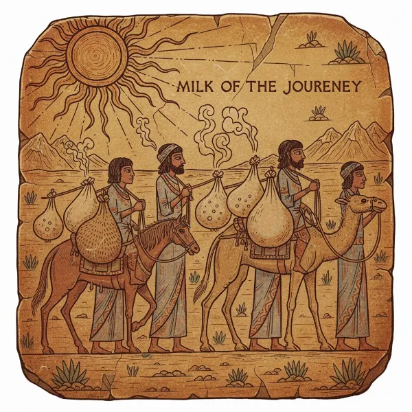 Illustration of ancient nomadic herders making yogurt in animal skin bags under the sun.