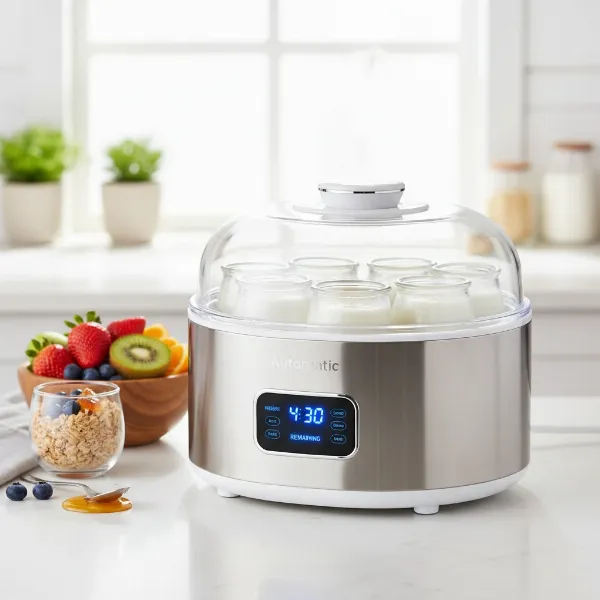 Modern automatic yogurt maker with digital display on a kitchen counter, making healthy homemade yogurt.