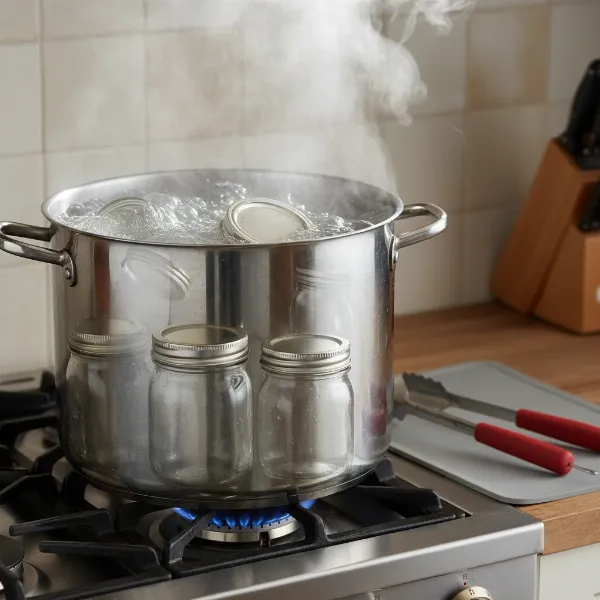 Glass jars being sanitized in a large pot of boiling water, preparing for homemade yogurt.