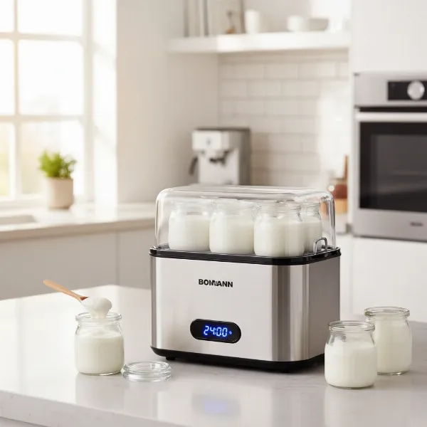 Bomann JM6321 electric yogurt maker with multiple glass jars, digital display on kitchen counter.