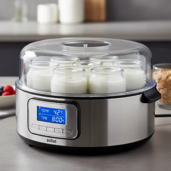 Close-up of Braun JG 3525 yogurt maker's digital display and multiple glass jars.