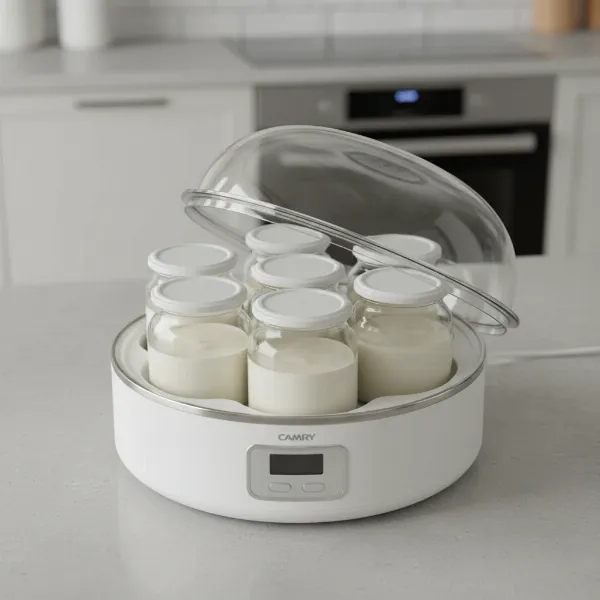 Camry CR 4519 yogurt maker with seven glass jars, showing compact design and individual lids.