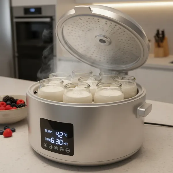 Yogurt maker actively fermenting cashew milk in glass jars, maintaining stable temperature for probiotics.