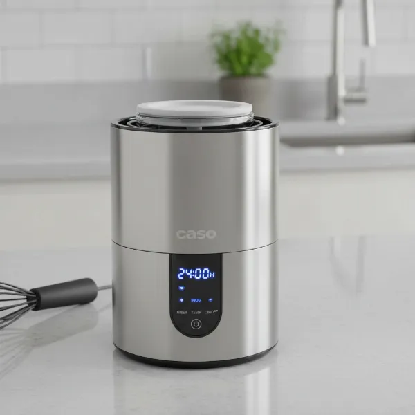 A sleek Caso Design Yogurt Maker with stainless steel housing on a kitchen counter, showing its control panel.