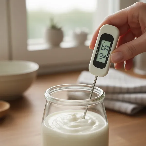 Hand holding a quick-read thermometer checking the temperature of homemade yogurt in a glass jar.