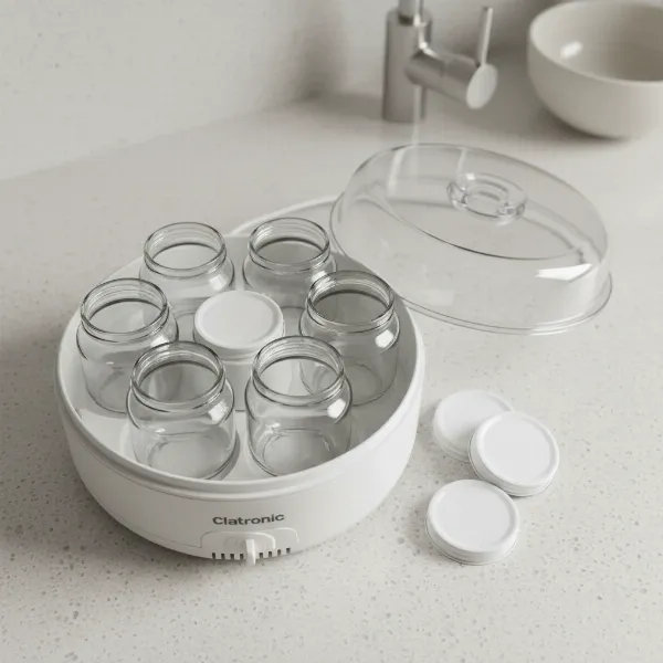 Clatronic JM 3344 yogurt maker with seven glass jars ready for use.