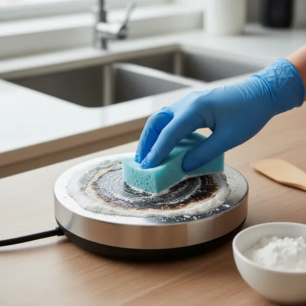Hand gently scrubbing a burnt-on spill on an appliance heating base with baking soda paste.