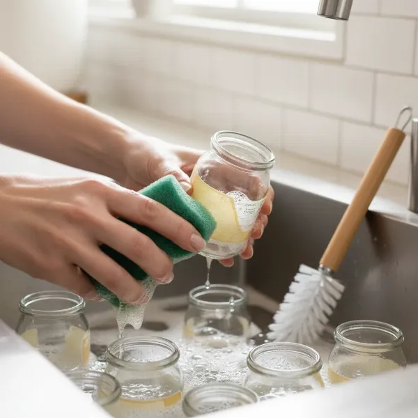 A person diligently cleaning glass yogurt jars, removing stubborn labels and adhesive residue effectively.