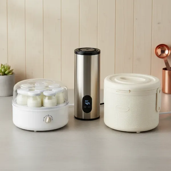 Three different types of compact yogurt makers, showing individual jars, single batch, and non-electric models.