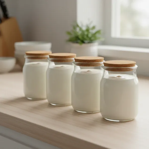 Freshly made creamy homemade yogurt in individual glass jars, ready for chilling and serving.