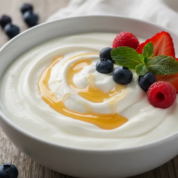 A bowl of creamy, thick homemade yogurt, ready to be served