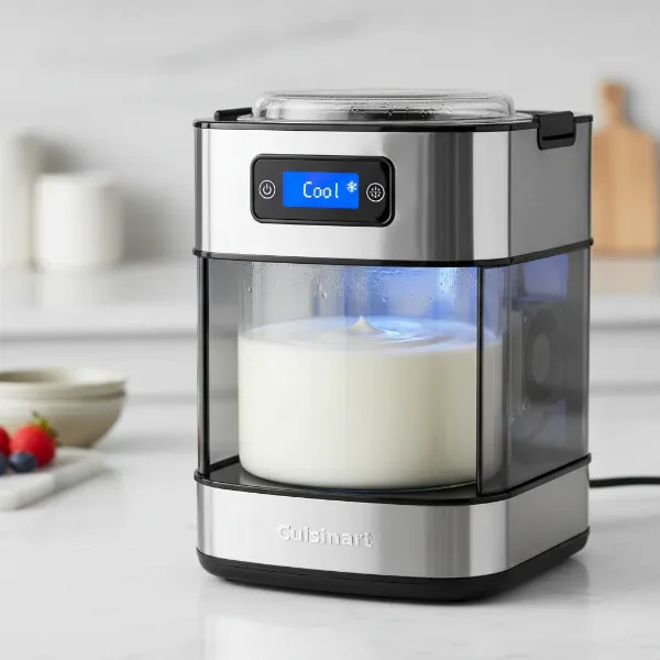 Cuisinart CYM-100 yogurt maker displaying automatic cooling system in action.