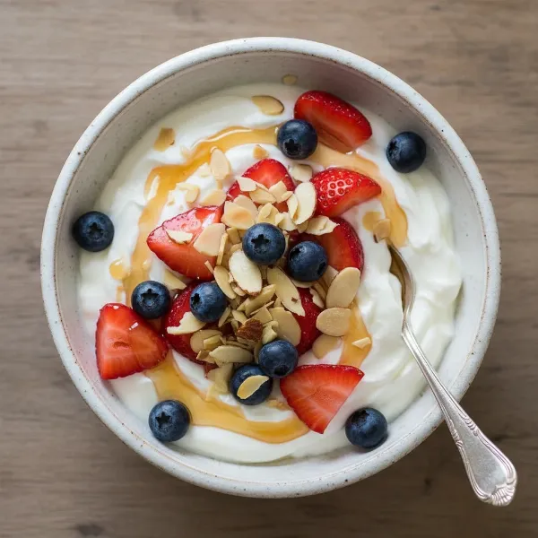 Beautifully garnished homemade yogurt bowl with fresh berries, nuts, and a drizzle of honey.