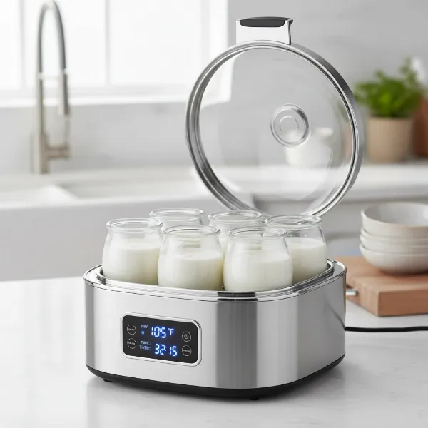 A dedicated yogurt maker with multiple glass jars filled with fermenting milk, ready for incubation