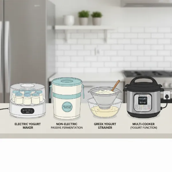 Various types of yogurt makers: electric, non-electric, Greek yogurt strainer, and multi-cooker.