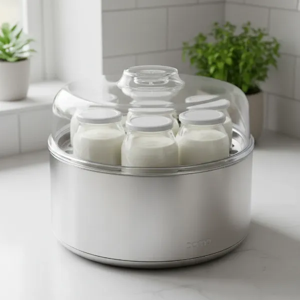Domo yogurt maker with glass jars, stainless steel base, and clear lid for homemade yogurt.