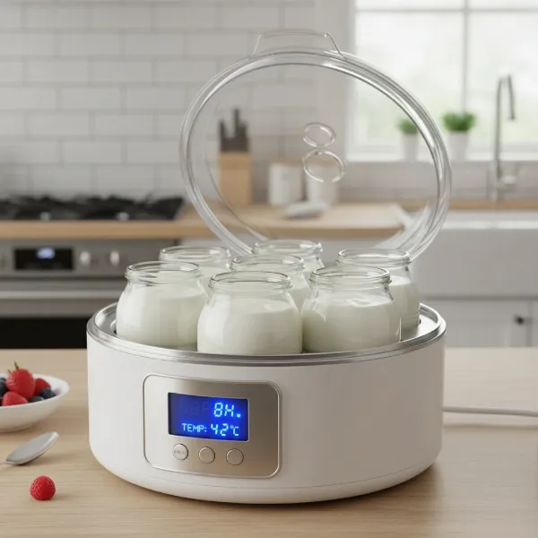 Esperanza digital electric yogurt maker with seven individual glass jars filled with homemade yogurt.