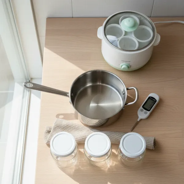 A collection of essential tools for homemade yogurt, including a thermometer, saucepan, and yogurt maker.