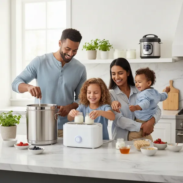 A diverse family making homemade yogurt in a kitchen with various large capacity yogurt makers.