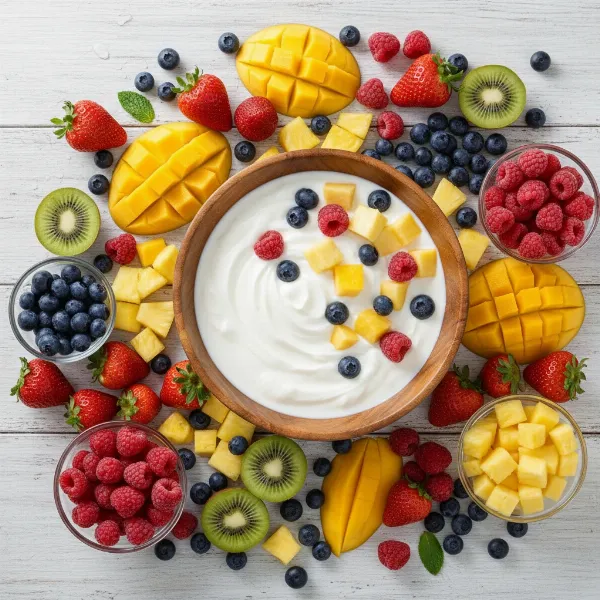 A vibrant assortment of fresh and frozen fruits like berries, mango, and kiwi, perfect for naturally flavoring homemade yogurt.