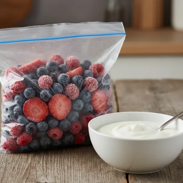 A bag of colorful frozen mixed berries next to a bowl of plain homemade yogurt with a spoon
