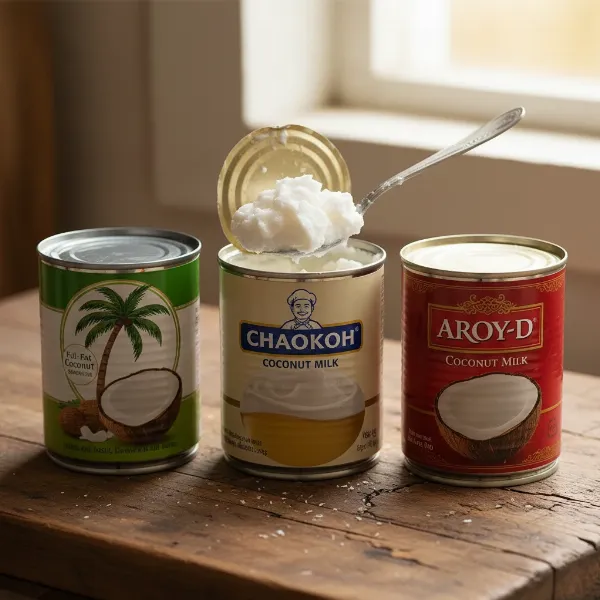 Cans of full-fat coconut milk and a bowl showing separated thick coconut cream from watery liquid.