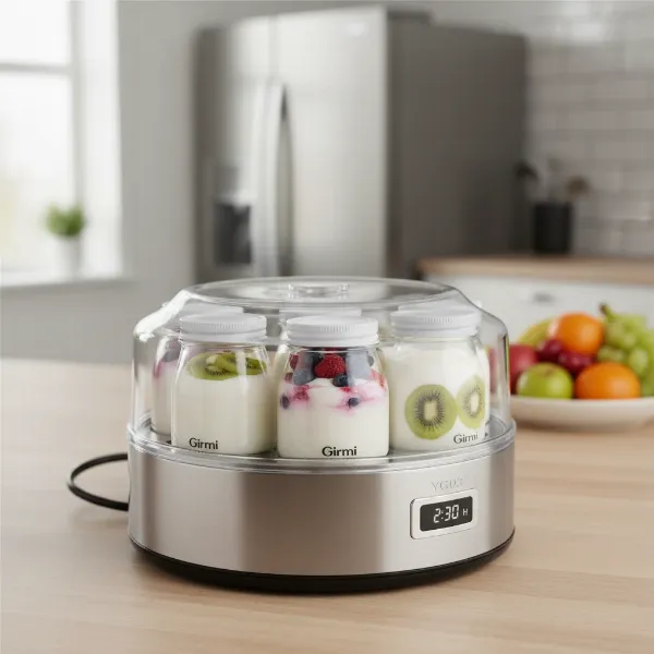 Girmi YG03 yogurt maker with seven individual glass jars, some filled with plain and fruit yogurt.