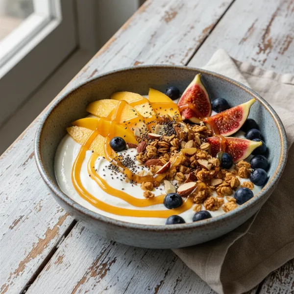 Gourmet yogurt bowl with Greek yogurt, layered with fruit, granola, nuts, and a honey drizzle.