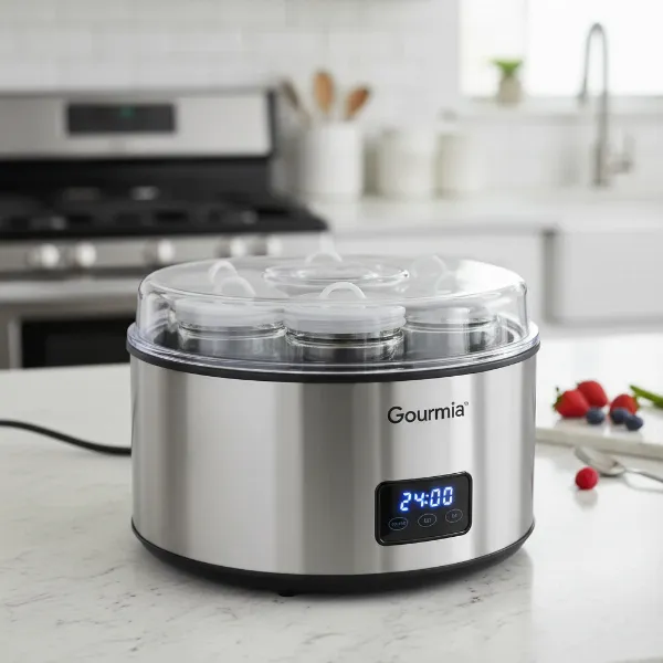 Gourmia GYM1610 yogurt maker with glass jars, stainless steel, compact design