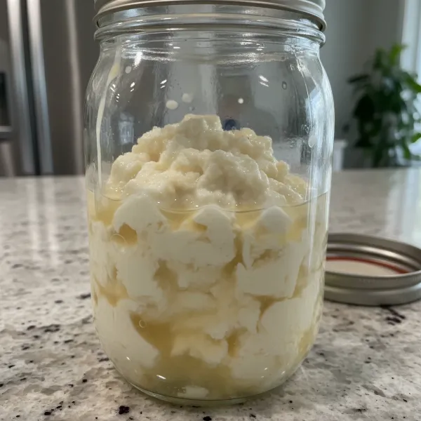 Close-up of grainy, lumpy homemade yogurt texture in a glass jar, showing common problems.