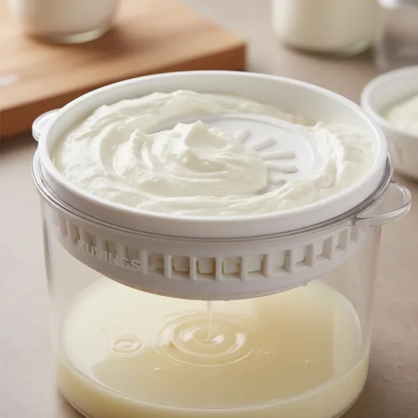Close-up of Kuvings strainer separating whey from homemade Greek yogurt.