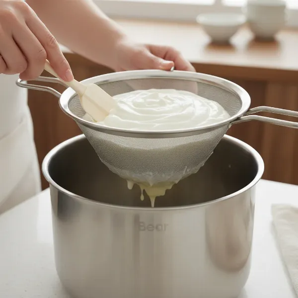 Hands using a Bear Greek yogurt strainer to separate whey from yogurt for thicker texture.