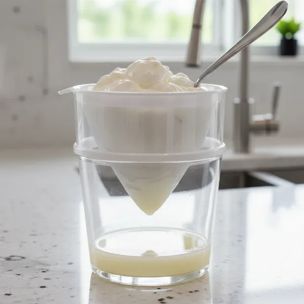 Greek yogurt strainer separating thick yogurt from liquid whey for enhanced texture and protein.