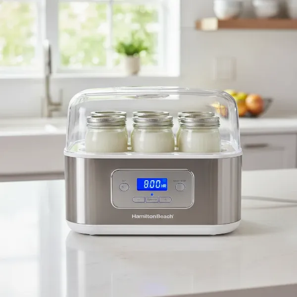 Hamilton Beach digital yogurt maker with clear lid and individual glass jars on a kitchen counter.