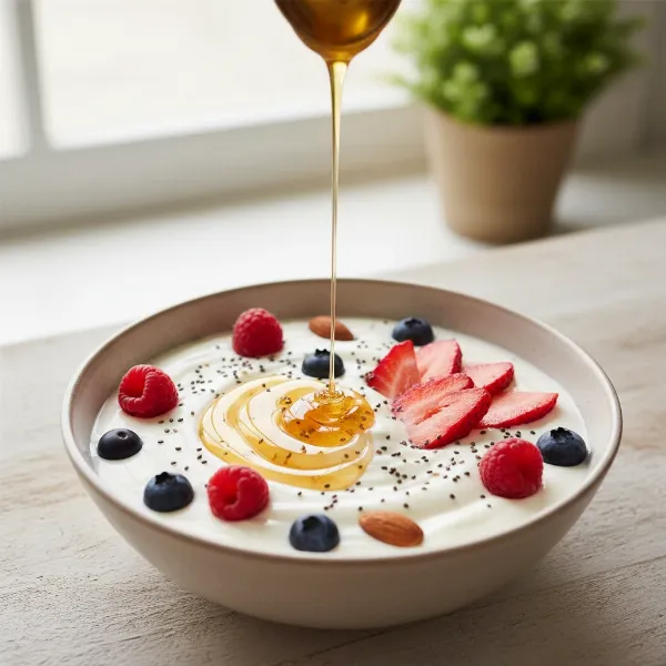 Healthy yogurt bowl with plain yogurt, a drizzle of honey, and fresh berries.