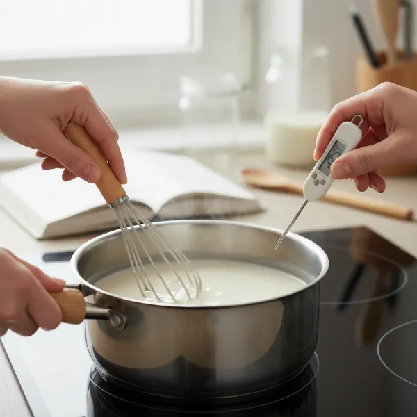 Hands stirring whole milk in a saucepan, checking temperature with a digital thermometer for yogurt.