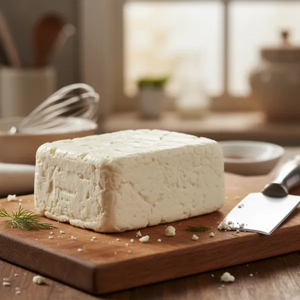A block of freshly made baker's cheese, firm and ready for use.