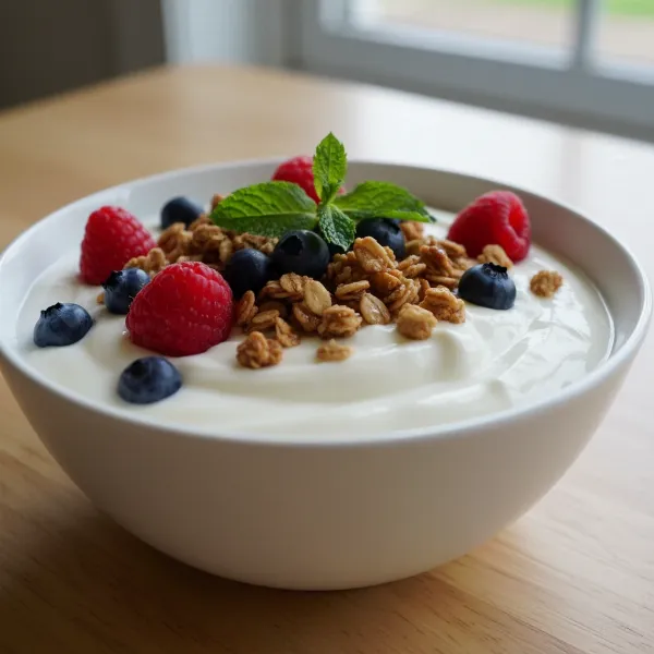 Creamy cashew yogurt bowl with berries, granola, and mint, showcasing healthy dairy-free breakfast.
