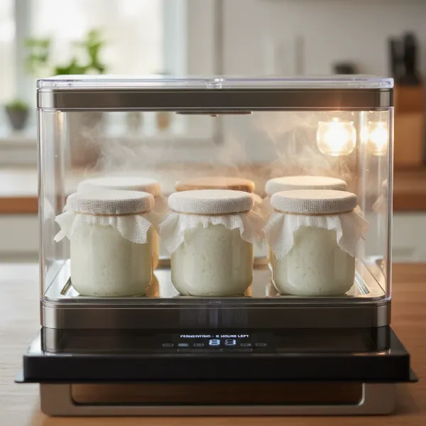 Glass jars of coconut yogurt fermenting in a yogurt maker or a warm oven, showing the active culture process.
