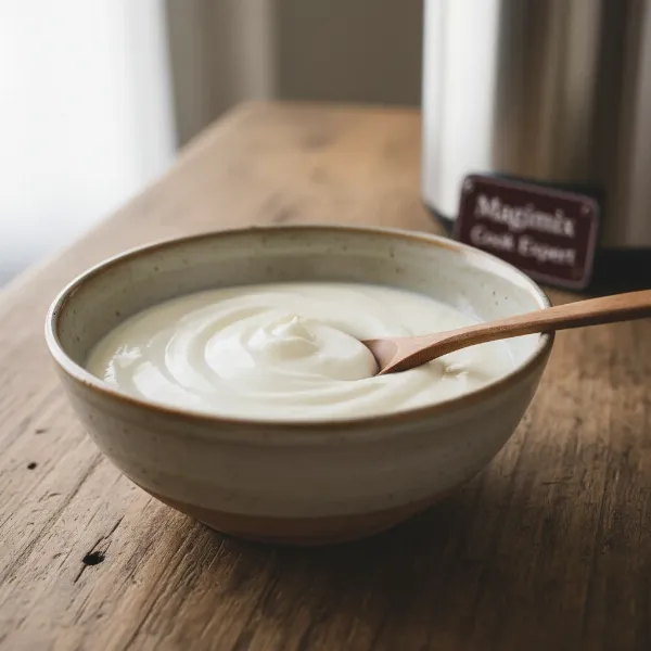 A close-up of a bowl of creamy, homemade yogurt, ready to be enjoyed.