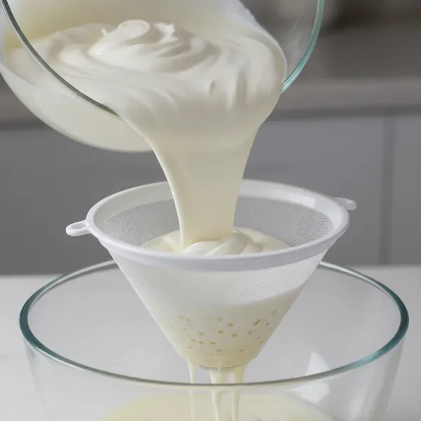 A glass bowl containing homemade classic yogurt being poured into a fine mesh filter for straining.