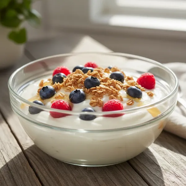 A vibrant bowl of thick, creamy homemade heirloom yogurt, garnished with fresh berries and granola, showcasing its rich texture and natural appeal.