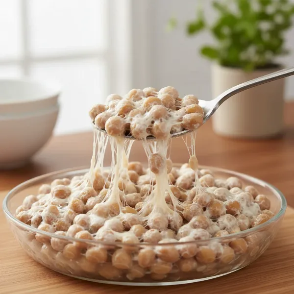 Freshly fermented homemade natto in a glass container, showing characteristic sticky, stringy texture.