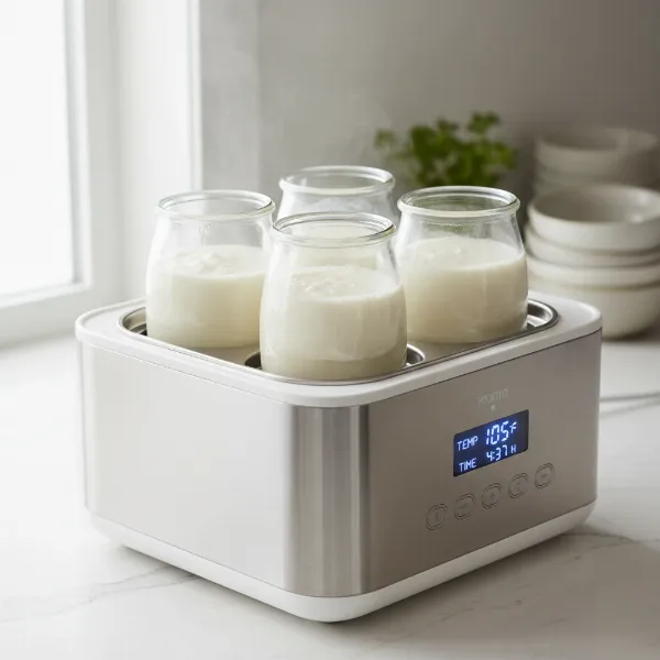 Glass jars filled with rice milk yogurt actively fermenting inside a warm incubator.