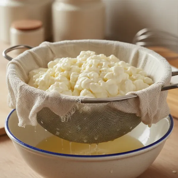 Fresh homemade soft cheese draining in a cheesecloth-lined colander over a bowl.