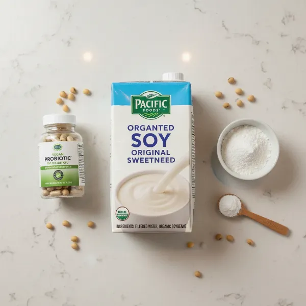 Essential ingredients for making homemade soy milk yogurt, including pure soy milk and probiotic capsules.