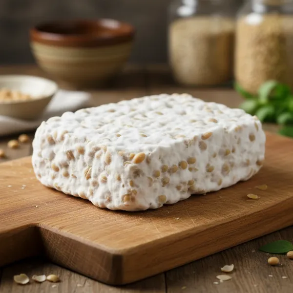 A freshly fermented block of homemade tempeh, covered in dense white mycelium, ready for cooking.